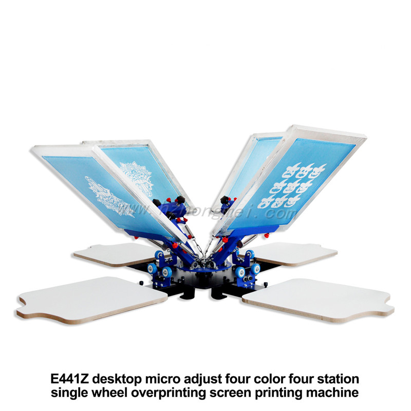 E442Z Desktop Micro Adjust Four Color Four Station Single Wheel Overprinting Screen Printing Machine